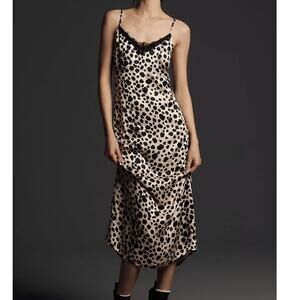 BY ANTHROPOLOGIE NWT Vneck Open-Back Lace Satin Slip Midi Dress Blk/Wht Spots M